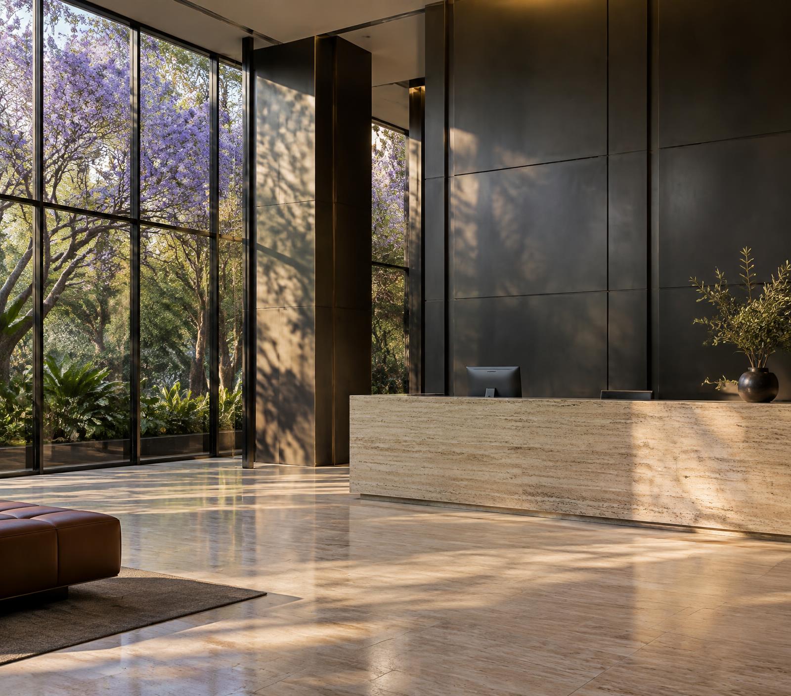 A quiet contemporary Johannesburg commercial interior in late afternoon light: travertine floor, dark steel wall and jacaranda foliage beyond the glass