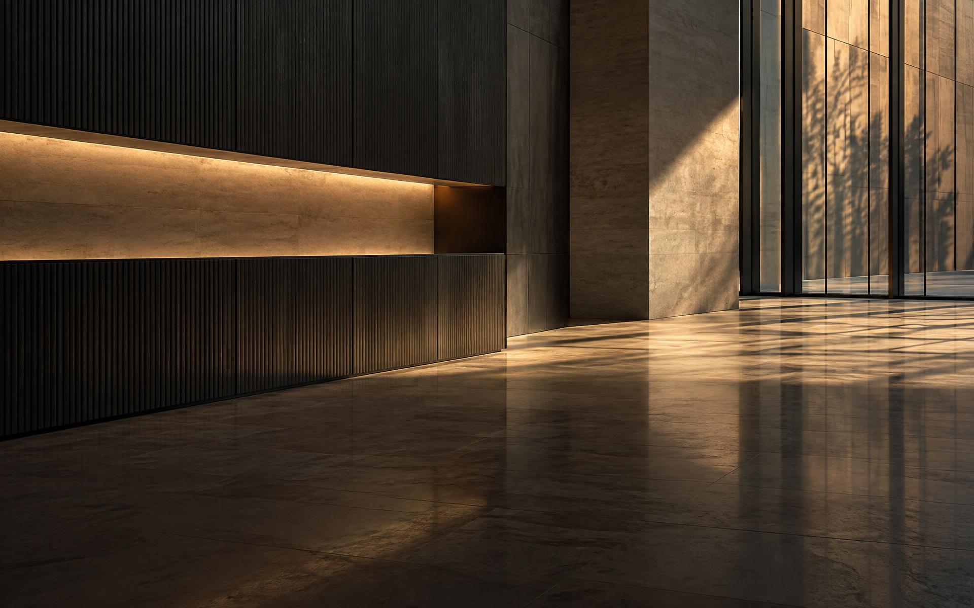 A quiet contemporary institutional interior at dusk: a dark ribbed wall with a warm recessed light slot, stone piers and a polished travertine floor crossed by fine ruled shadow lines