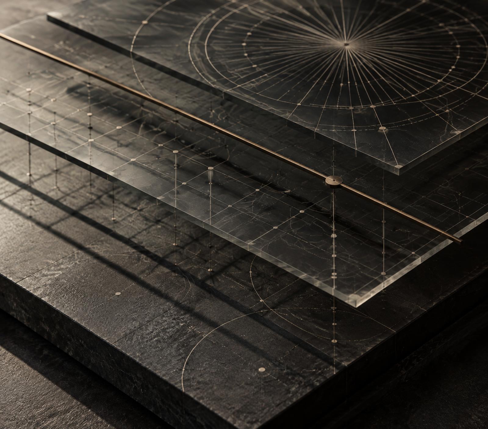 Layered translucent panels engraved with measured grids and radiating lines, suspended over dark stone and crossed by a single bronze datum rule